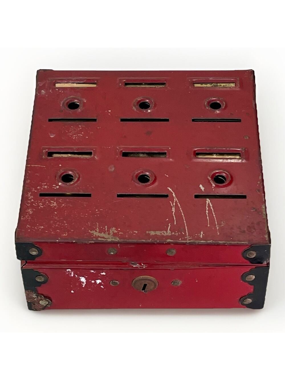 Vintage Home Budget Bank Tudor Metal Red w/ 6 Tin Inserts No Key